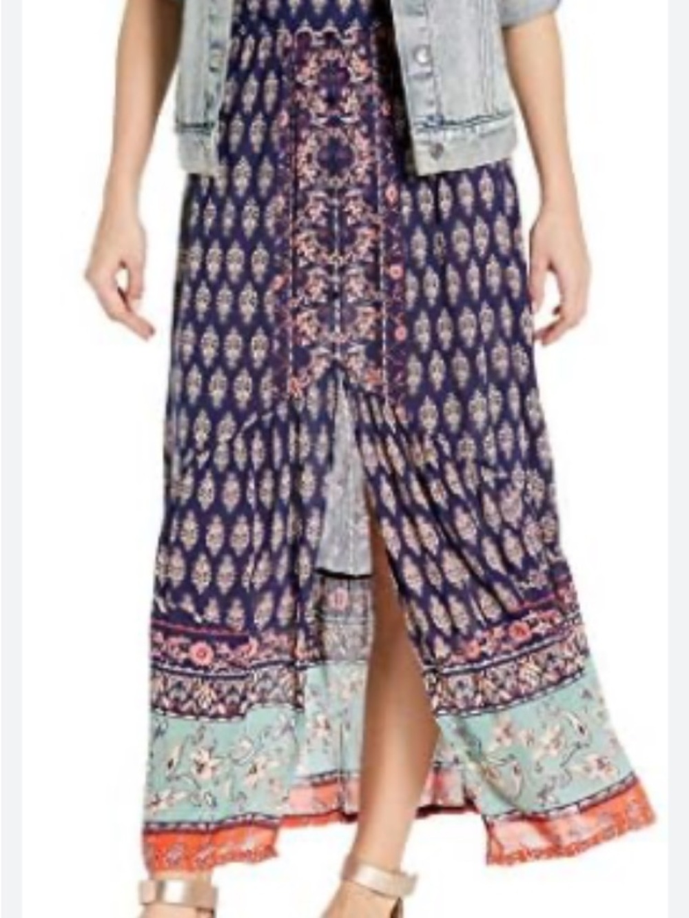 Angie Navy Maxi Skirt with Floral Border and Front Slit NWT